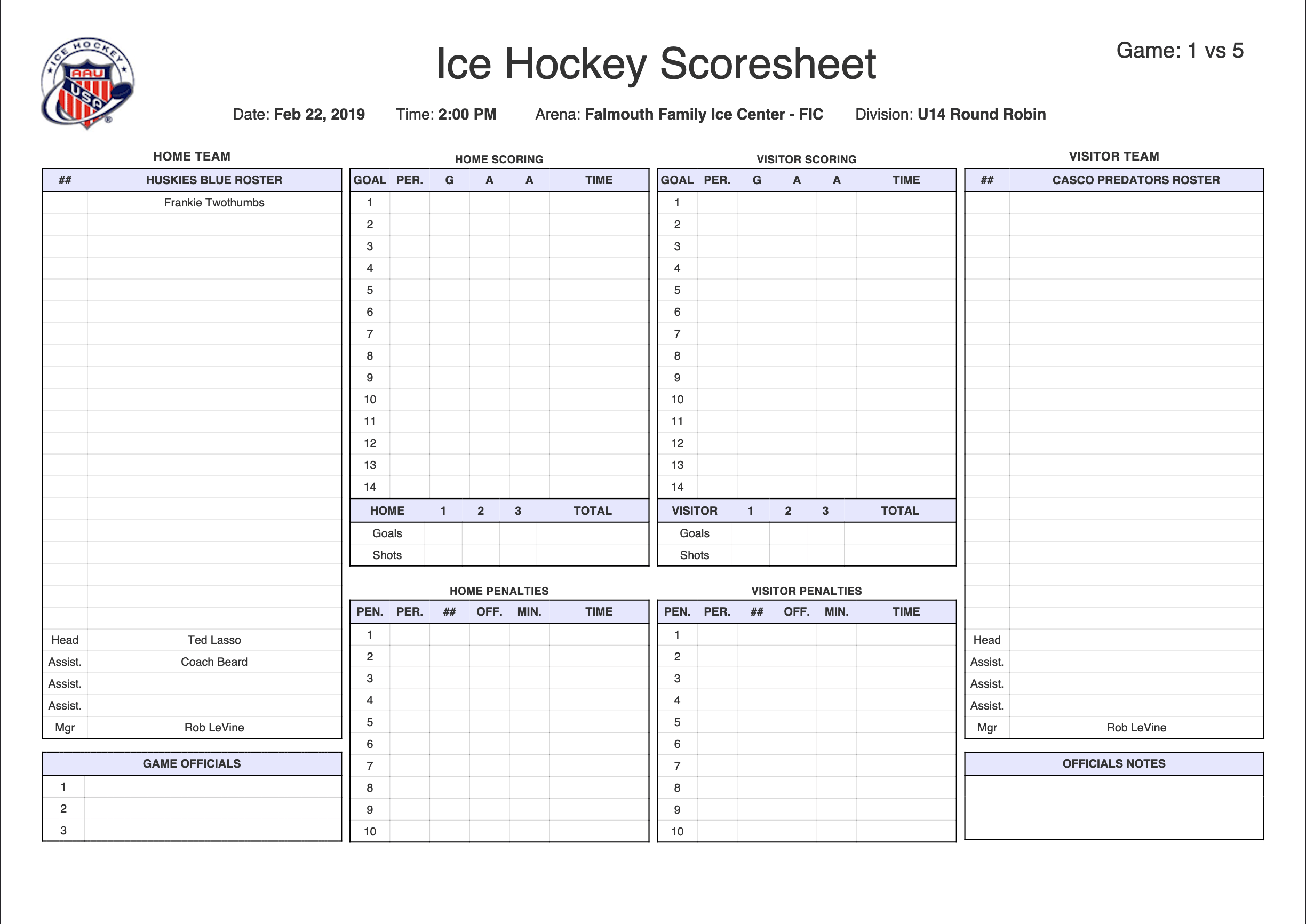 Ice hockey scoresheet